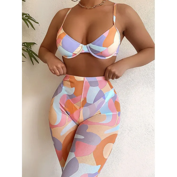 Fashion print trousers bikini three piece swimsuit light fabric summer swimsuits 2022