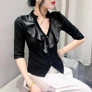 Nouvelle collection printemps : T-<span class=keywords><strong>shirt</strong></span> <span class=keywords><strong>chic</strong></span> pour <span class=keywords><strong>femme</strong></span> à col en V profond et dentelle, manches mi-longues, design <span class=keywords><strong>original</strong></span> - Product Image 4