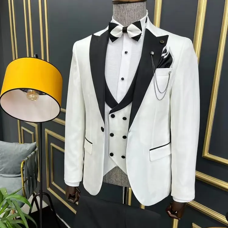 White and Black Wedding Tuxedo for Groom 3 Piece Slim Fit Men Suits Man Fashion Costume Jacket with Pants Vest New Arrival