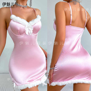 Minifalda ajustada estilo europeo y americano, vestido sexy con tirantes, camisón de lencería para chica sexy con ribete esponjoso - Product Image 5