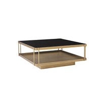 Table basse carrée moderne à double plateau, cadre en métal doré, plateau en verre trempé noir de luxe, meubles de salon