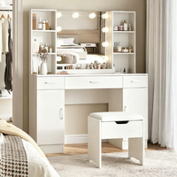 Ensemble de coiffeuse moderne blanche avec miroir lumineux, étagères de rangement ouvertes et tiroir, pour chambre à coucher