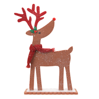 Décoration de Noël rustique en forme de renne rouge scintillant de 18 pouces avec écharpe et base en bois, idéale pour cheminée, fenêtre, prête à l'emploi