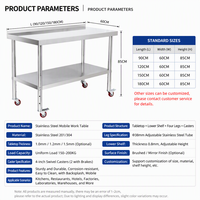Table de travail mobile en acier inoxydable pour boulangerie, table de préparation commerciale avec étagère inférieure, pare-éclaboussures et roulettes à frein pour pâtisserie et confiserie