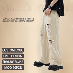 Jeans déchirés personnalisés pour hommes OEM, style Wasteland, double genou déchiré, pantalons pour hommes - Product Image 2