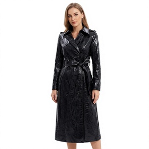 <b>Women</b> Genuine Leather Trench <b>Coat</b> Long Double Breasted With <b>Belt</b> Notched Collar Elegant Autumn Solid Color - Product Image 4