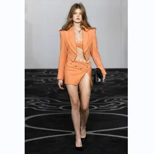 A7410 Sexy&club women fashion elegant Solid orange suit crop blazer and mini skirt two piece set women suit