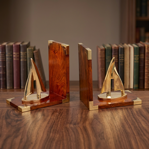 Wooden Bookends with Brass Sailboat Design Decorative Desk <b>Book</b> Holder Stand Luxury Nautical Bookends for Home Office <b>Library</b> - Product Image 6