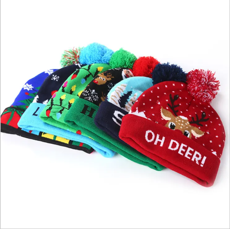 Hot Sale cheap High Quality knitted beanie hat Light Up Led Christmas Caps Light Hat