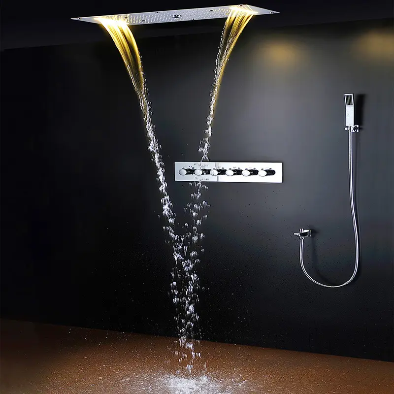 Chrome LED Rain Concealed Ceiling Artistic Brass China Led Shower Faucets Mixer Set with Handheld