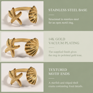 Stainless Steel Starfish Shell <b>Adjustable</b> <b>Ring</b> 14K Gold Vacuum Plated Gold and Silver Color Motif Jewelry - Product Image 5