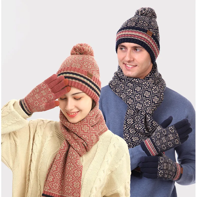 New Arrival Classic Jacquard Beanies Hats Scarves Gloves 3 Pcs Set for Men and Women
