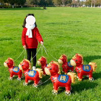 Ballon en aluminium 3D en forme de poney de dessin animé rouge à roues, pour le Nouvel An du Cheval du Zodiaque, pour enfants, à pousser au sol, cadeau