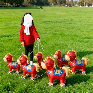 Ballon en aluminium 3D en forme de poney de dessin animé rouge à roues, pour le Nouvel An du Cheval du Zodiaque, pour enfants, à pousser au sol, cadeau - Product Image 2