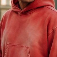 Sweat à capuche unisexe en coton haute densité, coupe semi-courte et ample, style vintage délavé à l'acide et effet soleil