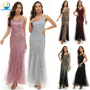 <span class=keywords><strong>Robe</strong></span> <span class=keywords><strong>de</strong></span> <span class=keywords><strong>soirée</strong></span> sirène à col en V et sequins, broderie feuille en polyester, ourlet en tulle, pour <span class=keywords><strong>soirée</strong></span> formelle, bal <span class=keywords><strong>de</strong></span> promo ou mariage - Meilleures ventes - Product Image 1