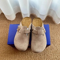 Mules unisexes en cuir véritable avec semelle en bois, confortables, antidérapantes, à enfiler, bout fermé, fourrées pour femme - Vente en gros