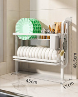 Étagère de rangement multifonctionnelle moderne à double bac à vaisselle en métal à fixation murale pour évier de cuisine, sans perçage