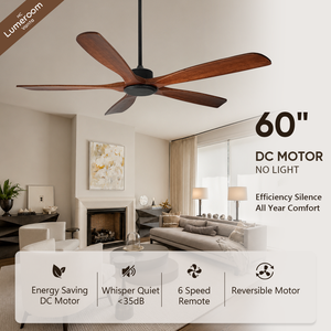 Ventilateur de plafond en bois massif de 60 pouces, 5 pales, sans lumière, avec télécommande et commande murale, moteur DC silencieux et réversible pour salon - Product Image 1