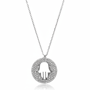 Collar con Colgante de Hamsa Redondeado con Circonita Transparente, Hecho a Mano en Turquía, Joyería de Plata de Ley 925 al por Mayor - Product Image 2