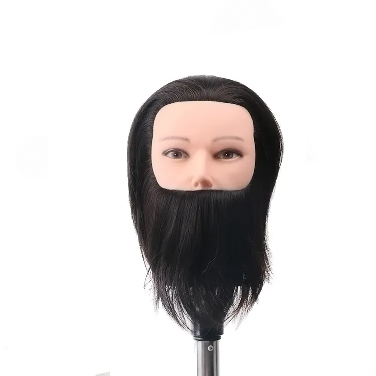 Cabeça de manequim masculina 100% de cabelo humano, cabeça de treinamento com barba, cabeça de cabeleireiro com cabelo humano para venda