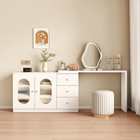 Coiffeuse moderne blanche avec armoire en verre cannelé, 3 tiroirs et tabouret cylindrique