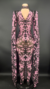 Abiti da damigella d'onore eleganti con strass rosa a <span class=keywords><strong>maniche</strong></span> <span class=keywords><strong>lunghe</strong></span> in rete nera - Product Image 6