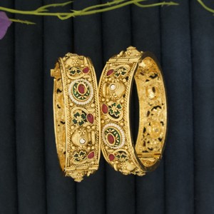 Traditional Imitation Antique Gold Plated Openable Temple Kada Bangles Set with <b>Ruby</b> Green Stone Pearls for Women Girls Wedding - Product Image 3