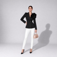 Blazer Wanita Hitam Polos Tenun 3D Dekorasi Peplum Kerah Lipat Kancing Ganda Slim Fit Lengan Panjang Anti Kusut Jaket Formal