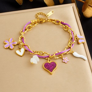 Fashion Charm Bracelet Purple Rope Chain Heart Butterfly Flower Women's Jewelry Gift Zinc Alloy B1975 - Product Image 1