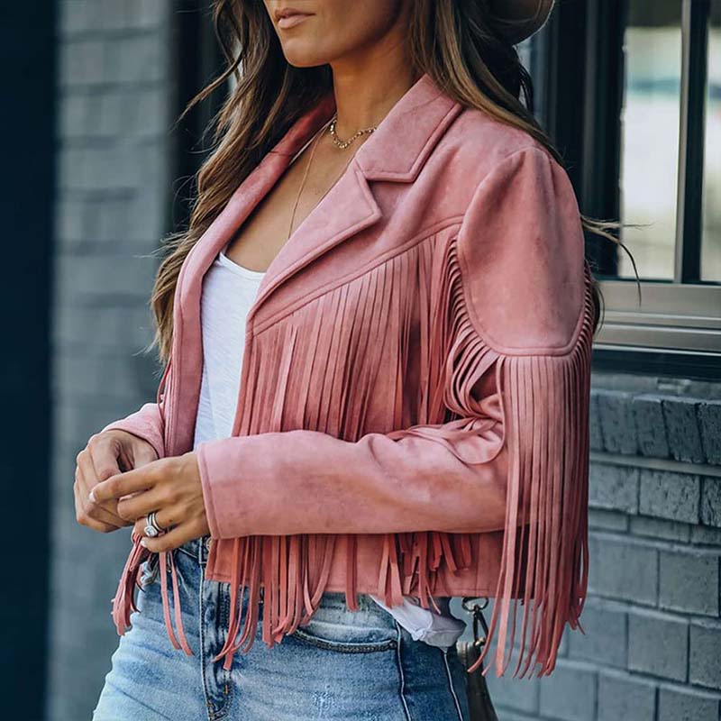 Pink Faux Suede Leather Fringe Jacket Tassel Coat