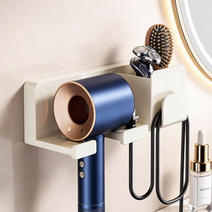 Wall Mounted Hair Dryer Holder Ivory White Punch Free With Cord Winder Bathroom Storage Rack Rectangle PP Material - Product Image 1