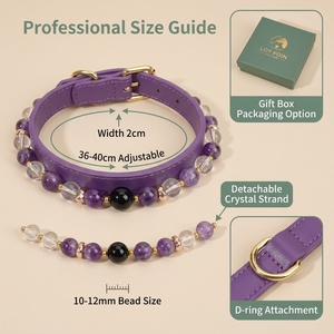 Collar de cristal de <span class=keywords><strong>amatista</strong></span> natural para perro, conjunto de collar y collarín de cuero morado ajustable con cuarzo obsidiana, joyería de lujo para mascotas, venta al por mayor OEM - Product Image 5