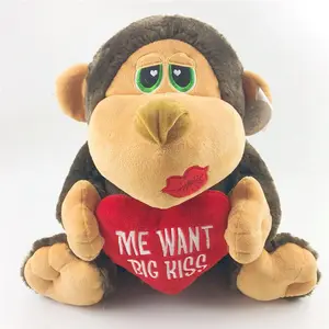 Custom Valentine Red Heart Kiss Love Brown Plush Gorilla Monkey Stuffed Animals Cute Gorilla Soft Toy