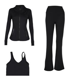 Ensemble de sport trois pièces pour femmes, pantalon évasé, veste, soutien-gorge dos en U, sensation de nu, course à pied, yoga, spandex - Product Image 6