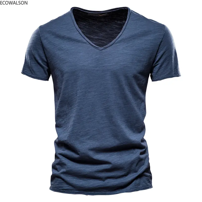 Cotton Men T-shirt V-neck Fashion Design Slim Fit Soild T-shirts Male Tops Tees Short Sleeve T Shirt For Men