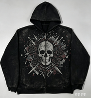 Hoodie Zip Up Heavyweight Acid Wash dengan Cetakan Tengkorak, Mawar, dan Pedang, Streetwear Distressed, Pakaian Pria, Merek Fashion, Grosir