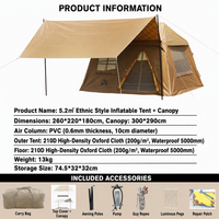 Tente de camping familiale gonflable de 5,2 m² avec design 2-en-1 et grand auvent pare-soleil