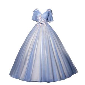 Haze Blue Long Ball Gown Deep V Neck Stage Performance Dress Women Adult Polyester Fabric 811 - Product Image 5