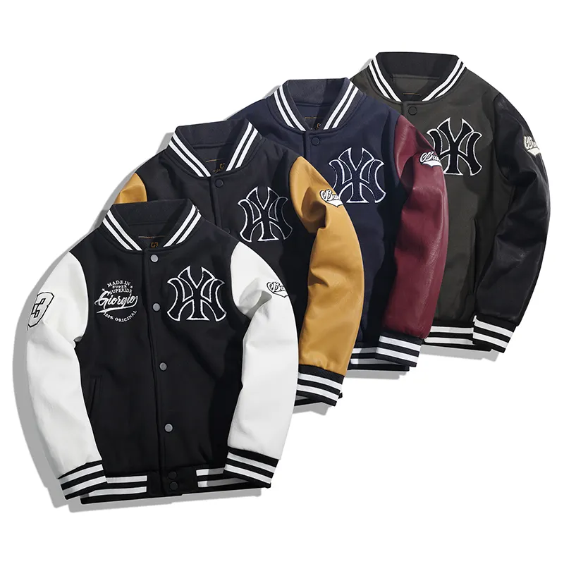 Fall New Leather Sleeves Embroidery Black Couple College Baseball Kids Jacket Unisex Letterman Boys Varsity Jacket