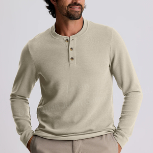 Jersey <span class=keywords><strong>Henley</strong></span> de manga larga de algodón 100% personalizado para hombre, Camiseta con <span class=keywords><strong>cuello</strong></span> redondo de 3 botones, logotipo personalizado, transpirable y anticontracción para invierno - Product Image 1