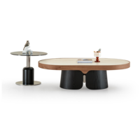 Ensemble de table basse ovale de luxe moderne, plateau en pierre frittée travertin, base en placage de bois noir, table d'appoint en verre, meubles de salon