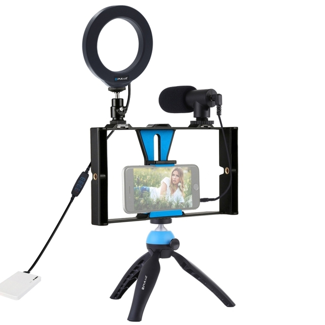 PULUZ 5 in 1 Vlogging Live Broadcast Smartphone Video Rig With Ring Light Microphone Tripod and Other Live Broadcast Equipment