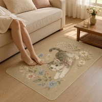 Tapis moderne en polyester imitation velours doux, motif chaton adorable avec nœud et bordure florale, fabriqué à la machine pour la décoration intérieure