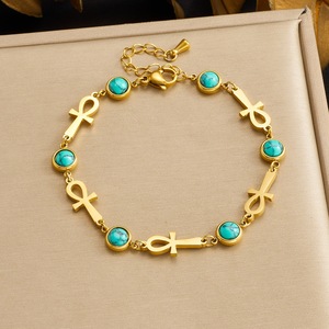 Turquoise Bracelet Gold Plated Ankh Charm Women's Jewelry Artistic Retro Design - Product Image 1
