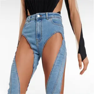 Étiquette personnalisée femmes haute qualité découpe patchwork maille lambrissé slim fit sexy streetwear femmes jeans