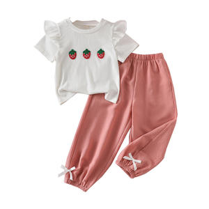 Ensemble t-shirt et pantalon à manches courtes pour enfants filles, broderie <span class=keywords><strong>fraise</strong></span>, vêtements décontractés printemps-été - Product Image 5