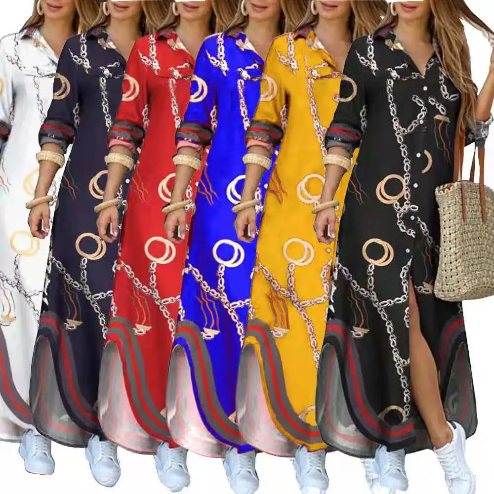 Abito lungo camicia monopetto stampato casual urbano moda estate 2022 nuove donne con maniche a nove minuti