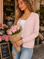 Cardigan boutonné à bord festonné pour femme, tricot fin, manches longues, coupe ajustée, haut basique pour le printemps et l'automne, vente en gros, 9 couleurs