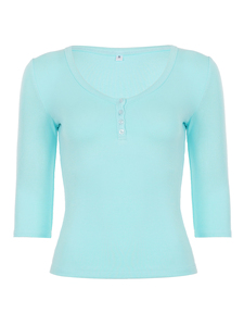 T-shirt en tricot boutonné à col en V pour femme, haut à manches 3/4 de couleur unie, chemisier slim décontracté style streetwear avec boutons sur le devant - Product Image 6